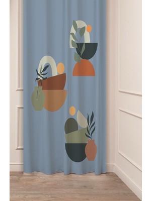 Greendecor Vazo Çiçekler Yaprak Pastel Bohem Özel Tasarım Dijital Baskılı (Tek Kanat) Bej Krem Şık Fon Perde
