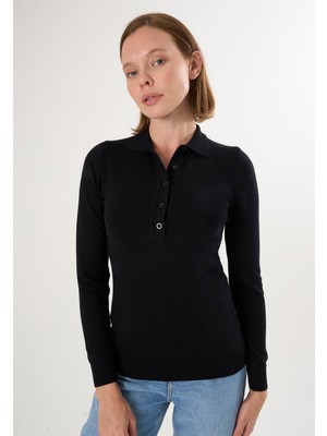 Felix Hardy Kadın Polo Yaka Düğmeli Trkio Kazak - Siyah