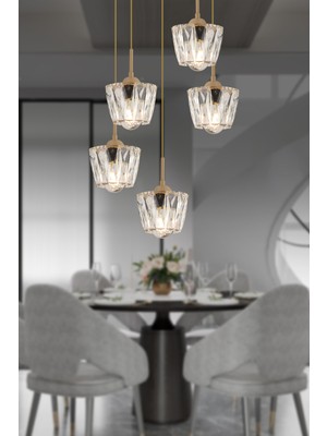 Normadia Yuvarlak Kristal Avize, 5 Li, Salon Dekorasyonu Için Şık Aydınlatma