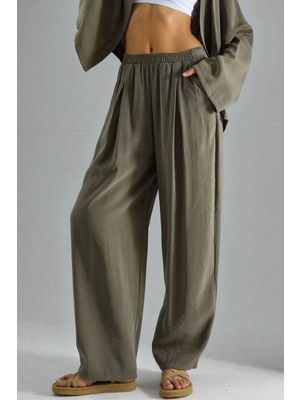 Hiccup Kadın Busem Geniş Paçalı Pileli Pantolon Haki Yeşil