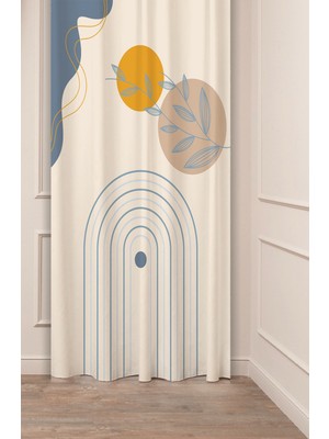 Greendecor Yaprak Bohem Mavi Soft Pastel Bej Krem Desenli Özel Tasarım Dijital Baskılı (Tek Kanat)Şık Fon Perde