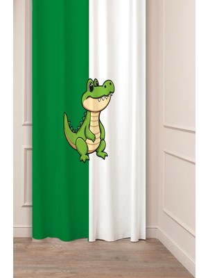 Greendecor Yeşil Beyaz Timsah Özel Tasarım Desenli Dijital Baskılı (Tek Kanat) Çocuk Odası Modern Fon Perde