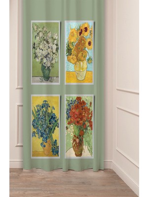 Greendecor Van Gogh Ayçiçeği Papatya Gelincik Çiçekler Özel Tasarım Dijital Baskılı (Tek Kanat) Sanat Fon Perde
