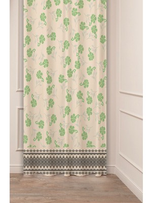 Greendecor Şans Çiçeği Antika Etnik Desenli Özel Tasarım Dijital Baskılı (Tek Kanat) Modern Krem Şık Fon Perde