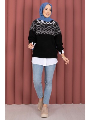 RAF Etnik Motifli Salaş Triko Kazak Siyah