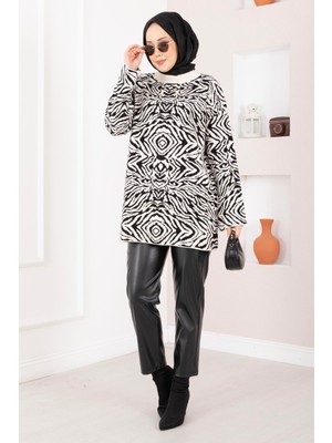 RAF Zebra Desen Triko Kazak Ekru