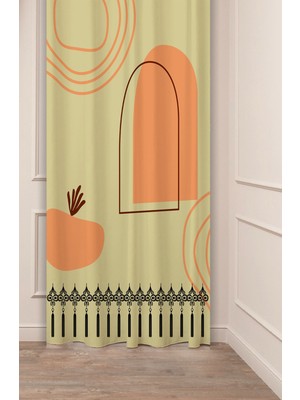 Greendecor Geometrik Şekil Kare Yeşil Bej Desenli Özel Tasarım Dijital Baskılı (Tek Kanat) Modern Şık Fon Perde