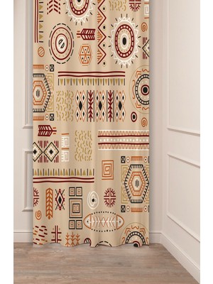 Greendecor Bohem Çizgili Balık Etno Desenli Dijital Baskılı Fon Perde Tek Kanat Modern Tasarımlı Şık Soft Perde