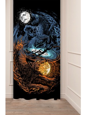 Greendecor Hati Sköll Kurt Iskandinav Metodolojisi Baskılı Fon Perde (Tek Kanat) Pagan Viking Kurtları Perde