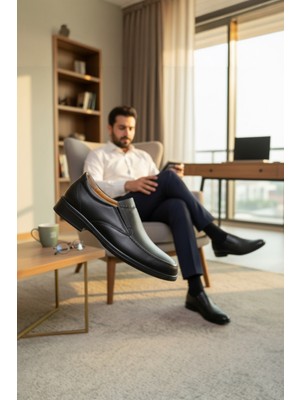 Enoch Hakiki Deri Siyah Ortopedik Mikro Delik Detaylı Erkek Baba Ayakkabı