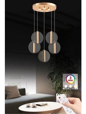 Normadia Modern 5'li Gold Sarkıt Avize, Kumandalı, Üç Renk LED Işık, Şık Tasarım