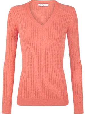 Felix Hardy Kadın V Yaka Saç Örgü Triko Kazak - Nar Çiçeği