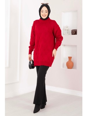 RAF Baklava Desen Ponpon Detaylı Triko Kazak Kırmızı