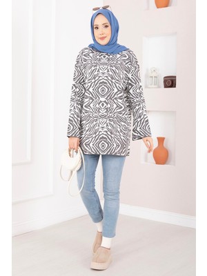 RAF Zebra Desen Triko Kazak Gri