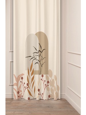 Greendecor Çiçekli Bohem Minimalist Yaprak Krem Bej Desenli Özel Tasarım Dijital Baskılı (Tek Kanat) Fon Perde