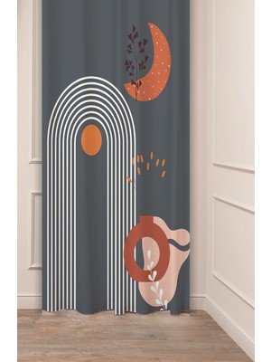 Greendecor Vazo Çiçekler Yaprak Pastel Bohem Özel Tasarım Dijital Baskılı (Tek Kanat) Bej Krem Şık Fon Perde