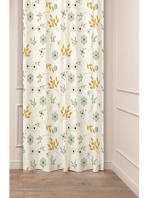 Greendecor Çiçekler Yaprak Papatya Pastel Bohem Özel Tasarım Dijital Baskılı (Tek Kanat) Bej Krem Şık Fon Perde