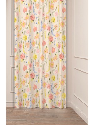 Greendecor Çiçekler Yaprak Papatya Pastel Bohem Özel Tasarım Dijital Baskılı (Tek Kanat) Bej Krem Şık Fon Perde