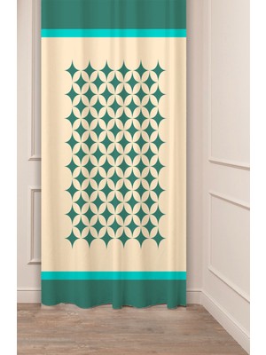 Greendecor Geometrik Şekil Kare Yeşil Bej Desenli Özel Tasarım Dijital Baskılı (Tek Kanat) Modern Şık Fon Perde