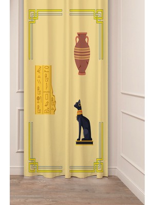Greendecor Vazo Etnik Mısır Tarih Antika Altın Desenli Özel Tasarım Dijital Baskılı (Tek Kanat) Şık Fon Perde