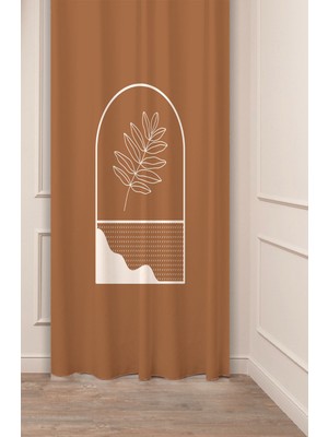 Greendecor Bohem Çiçek Yaprak Vazo Güneş Portakal Desenli Özel Tasarım Dijital Baskılı (Tek Kanat) Fon Perde