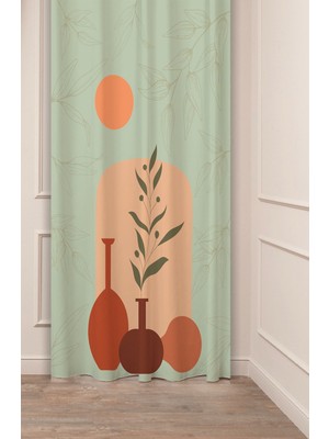 Greendecor Vazo Çiçekler Yaprak Pastel Bohem Özel Tasarım Dijital Baskılı (Tek Kanat) Bej Krem Şık Fon Perde