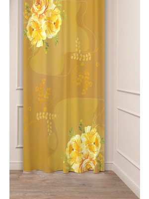 Greendecor Bohem Çiçekler Gül Yaprak Bej Desenli Özel Tasarım Dijital Baskılı (Tek Kanat) Modern Şık Fon Perde