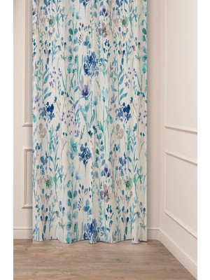 Greendecor Çiçekli Mavi Yaprak Çiçekler Bohem Deseneli Özel Tasarım Dijital Baskılı (Tek Kanat) Soft Fon Perde