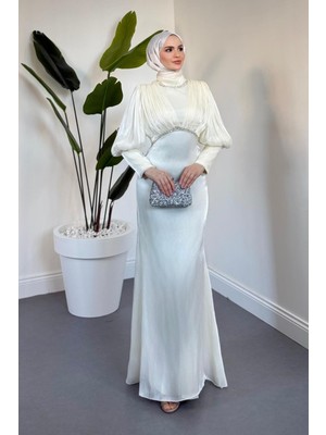 Merven Akyüz Ombrella Balon Kol Jan Jan Kumaş Abiye Ekru