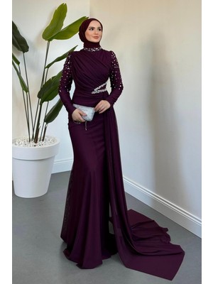 Merven Akyüz Elvira Taş Detaylı Tül  Abiye Mürdüm