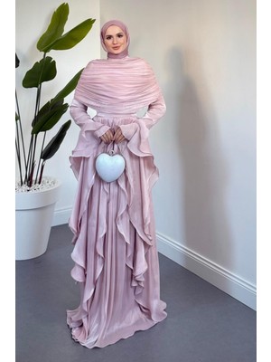 Merven Akyüz Naruna Pelerinli Fırfırlı Abiye Pudra