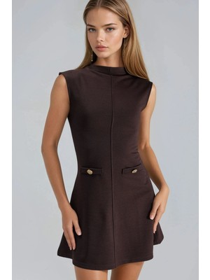 Hiccup Kadın Busem Dik Yaka Cep Detaylı Mini Elbise Kahve Kahvesi