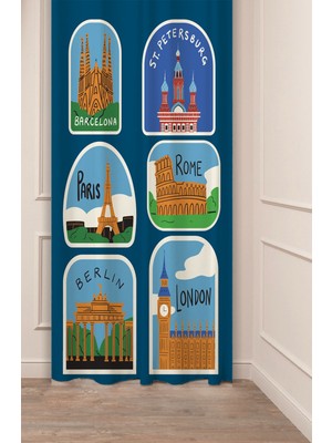 Greendecor Barcelona Paris London St. Pertersburg Rome Berlin Tasarımlı Dijital Baskılı (Tek Kanat) Fon Perde