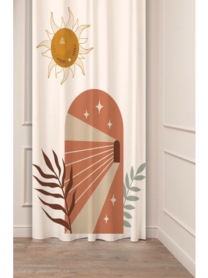 Greendecor Yaprak Vazo Bohem Minimalist Bej Krem Desenli Özel Tasarım Dijital Baskılı (Tek Kanat) Şık Fon Perde