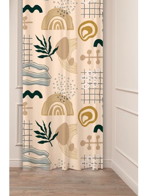 Greendecor Bohem Yaprak  Gökkuşağı Desenli Dijital Baskılı Fon Perde (Tek Kanat) Modern Tasarımlı  Fon Perde
