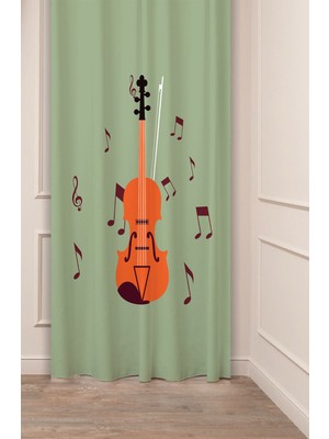 Greendecor Gitar Müzik Nota Geometrik Desenli Özel Tasarım Dijital Baskılı (Tek Kanat) Modern Şık Fon Perde