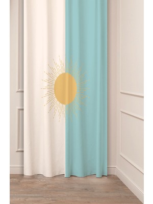 Greendecor Güneş Bej Krem Turkuaz Mavi Minimalist Bohem Desen Özel Tasarım Dijital Baskılı (Tek Kanat)Fon Perde