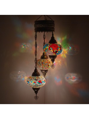 Normadia Renkli Camlı Osmanlı Tarzı El Yapımı Üçlü Sarkıt Avize