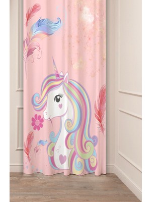 Greendecor Unicorn Pembe Çiçek Yaprak Çocuk Odası Desenli Özel Tasarım Dijital Baskılı (Tek Kanat) Fon Perde