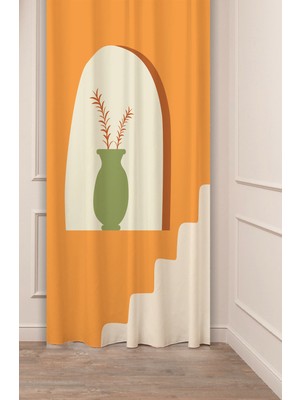 Greendecor Bohem Vazo Yaprak Geometrik Çizgi Desenli Özel Tasarım Dijital Baskılı (Tek Kanat) Modern Fon Perde