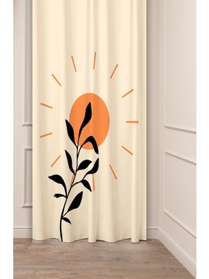 Greendecor Yaprak Güneş Bohem Minimalist Bej Krem Desenli Özel Tasarım Dijital Baskılı (Tek Kanat) Fon Perde