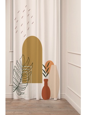 Greendecor Vazo Yaprak Bohem Minimalist Bej Krem Desenli Özel Tasarım Dijital Baskılı (Tek Kanat) Şık Fon Perde