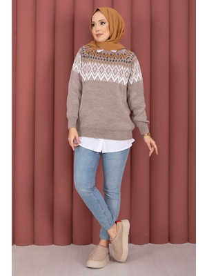 RAF Etnik Motifli Salaş Triko Kazak Vizon