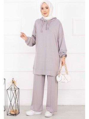 Nz Fermuar Yaka Kapüşonlu Tesettür Takım Gri