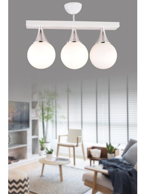 Normadia Modern Beyaz ve Krom Üçlü Dikdörtgen Camlı Spor Avize