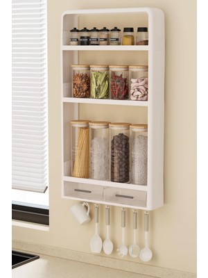 Mutfak Köşesi Walle Yapışkanlı Duvar Rafı, Mutfak Banyo Organizeri, Kancalı Çekmeceli Baharatlık, Delmeden Montaj