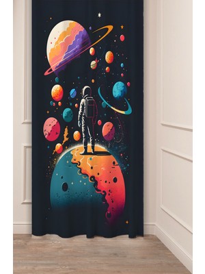 Greendecor Uzay Gezegen Astronot Yıldız Desenli Dijital Baskılı Fon Perde (Tek Kanat) Renkli Modern Fon Perde