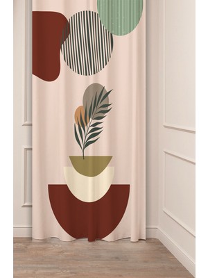 Greendecor Yaprak Bohem Minimalist Pastel Bej Krem Desenli Özel Tasarım Dijital Baskılı (Tek Kanat) Fon Perde