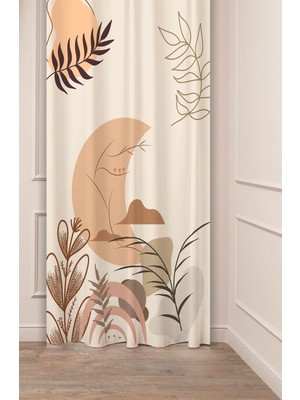 Greendecor Çiçekli Bohem Minimalist Yaprak Bej Krem Desenli Özel Tasarım Dijital Baskılı (Tek Kanat) Fon Perde