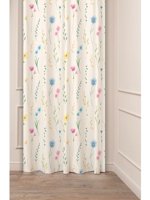 Greendecor Çiçekler Yaprak Papatya Pastel Bohem Özel Tasarım Dijital Baskılı (Tek Kanat) Bej Krem Şık Fon Perde